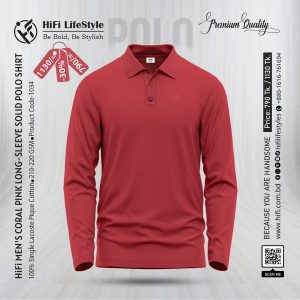 Men’s Coral Pink Long-Sleeve Solid Polo Shirt